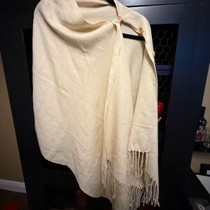 Chic Cream Shawl with Buttons and Fringe